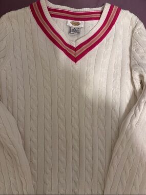 Cable-Knit V-Neck Sweater with Pink Trim Talbots small